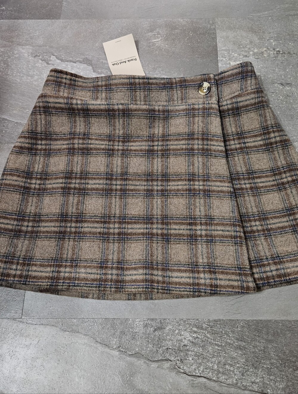 NWT Frank And Oak Plaid Wrap Mini Skirt. Wool Blend. Shades Of Brown. Blue. M.